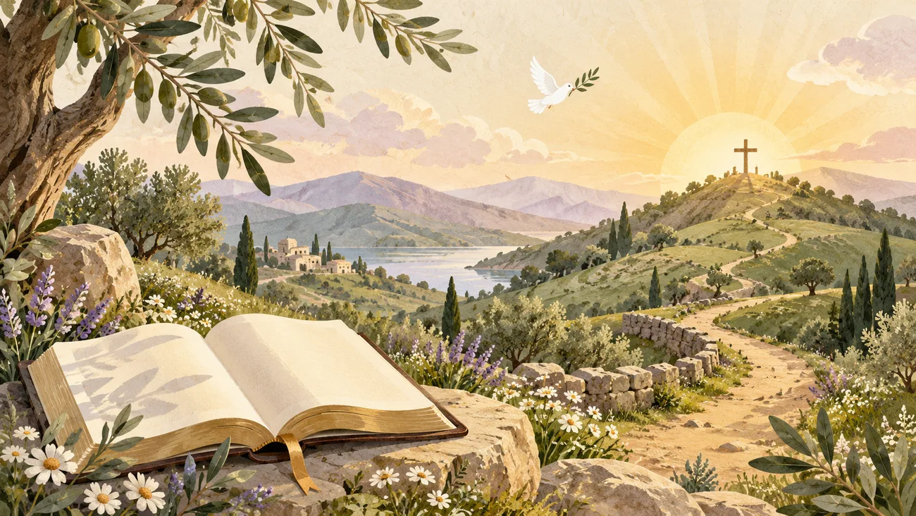 An open Bible, wildflowers and a winding path toward a sunlit hill